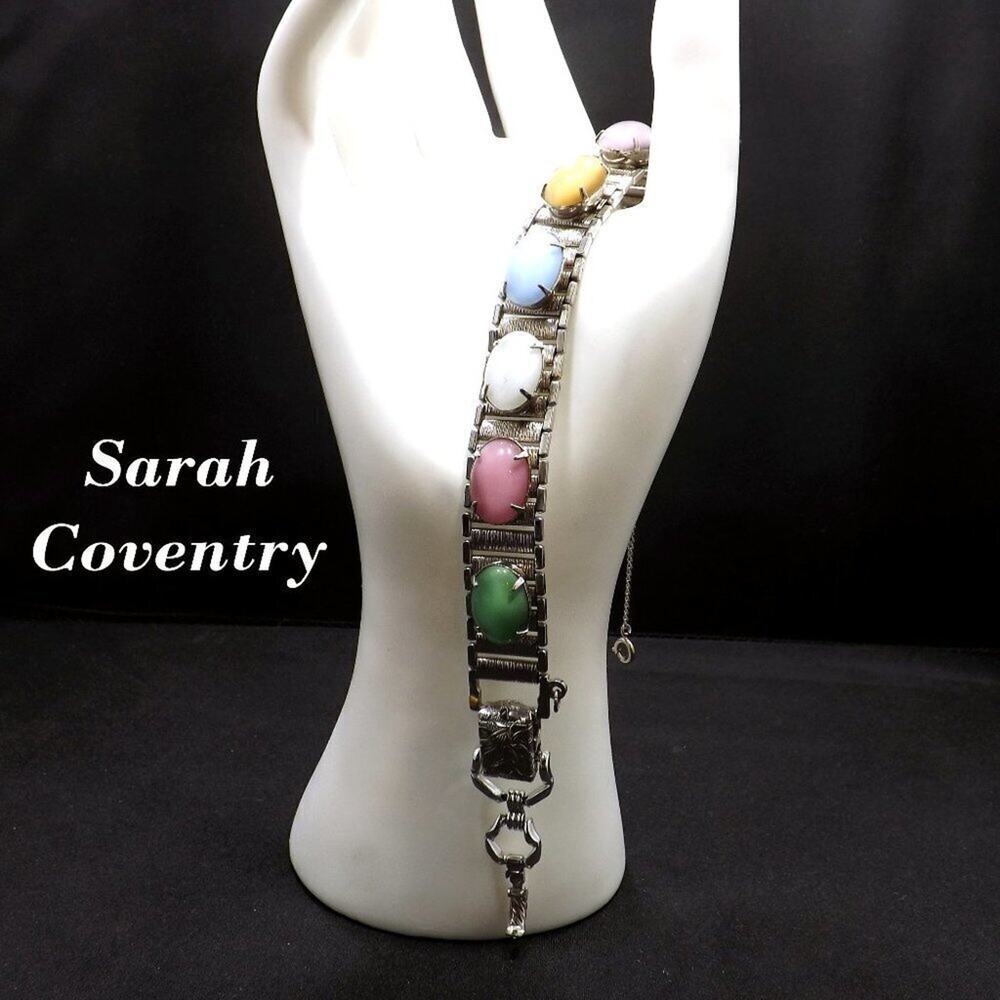 Vintage Sarah Coventry Multicolor Cabochon Bracelet Silver Tone 1960s
